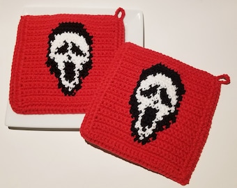 SCREAM Ghost Mask Potholder PDF Crochet Pattern - Halloween - Graph & Written Instructions - Color Change Double Crochet Pot Holder
