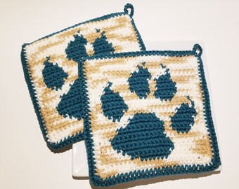 Porta-panelas com estampa de pata de gato grande, padrão de crochê em pdf, porta-panelas, gráfico, instruções escritas, crochê único, leão da montanha, puma