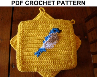 Bluebird Potholder Crochet Pattern - Single Crochet Graph Pattern - Written Instructions Digital Download PDF Pattern Pot Holder SC Scarf