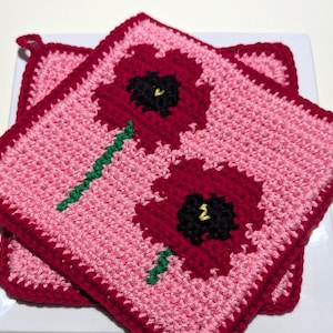 Red POPPY Crochet Pattern Potholder, Poppies Flower Potholder Pot Holder, Graph Crochet Patterns and Written Instructions, Single Crochet SC