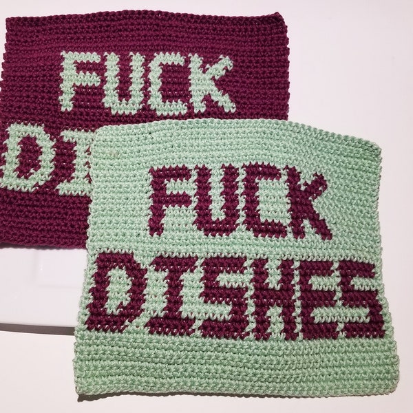 FUCK DISHES Washcloth Crochet Pattern, Single Crochet SC Graph Written Instructions Word Chart Swear Word Profanity Wash Cloth Pattern