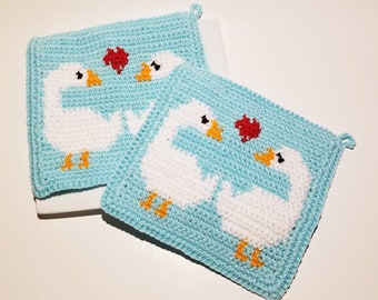 Geese Crochet Pattern, Geese in Love, Goose Potholders Single Crochet SC Graph Pot Holder Hot Pad Pattern - Valentines day, Wedding Pattern