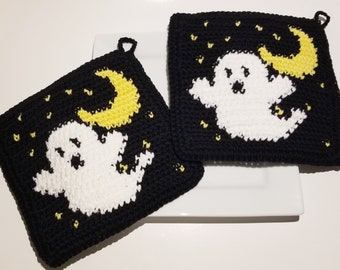 Ghost and Moon Crochet Pattern - Halloween Potholder PDF - Graph & Written Instructions - Color Change Single Crochet Pot Holder Hot Pad