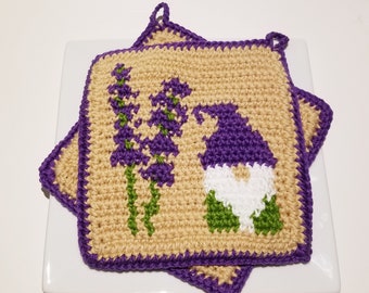 Lavender Gnome Crochet Pattern, Potholder Pot Holder, Graph Written Instructions Gnomes Patterns Tapestry Intarsia Crochet Gift