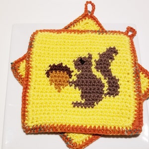 Könnte beinhalten: Zwei gelbe gehäkelte Topflappen mit orangem und grünem Rand. Der vordere Topflappen zeigt ein braunes gehäkeltes Eichhörnchen, das eine Eichel hält.