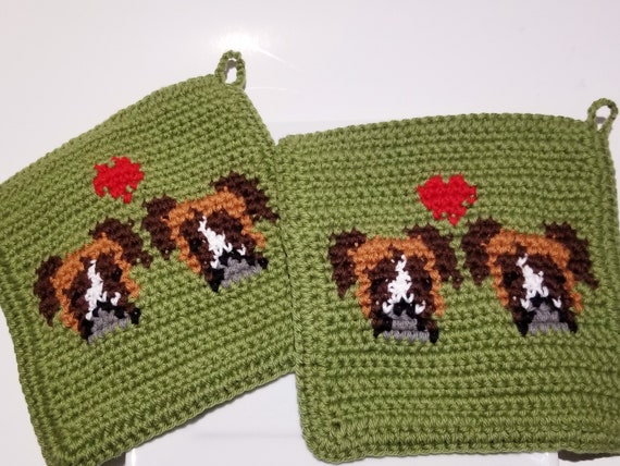 Boxers Crochet Pattern, Dogs in Love Potholders Graph Written Instructions  Chart Pot Holder Hot Pad Pattern Boxer Dog SC Intarsia Tapestry 