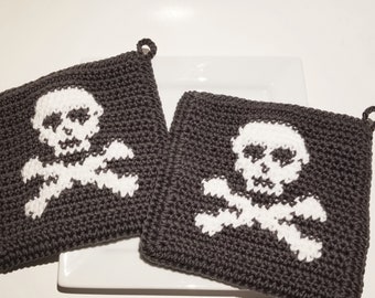 ドクロと骨のかぎ針編みパターン - 海賊鍋つかみ PDF グラフと説明書 - シングルかぎ針編みの鍋つかみ ホットパッド デコレーション