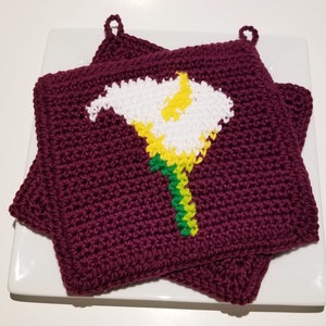 CALLA LILY Potholder Crochet Pattern, Lillies Flowers Mothers Day Potholder Pot Holder Graph and Written Instructions Single Crochet, Scarf image 4