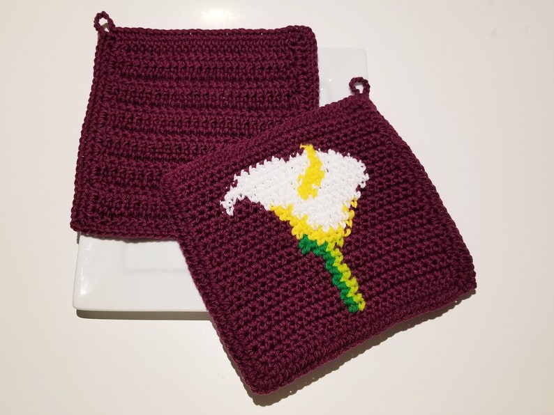 CALLA LILY Potholder Crochet Pattern, Lillies Flowers Mothers Day Potholder Pot Holder Graph and Written Instructions Single Crochet, Scarf image 6