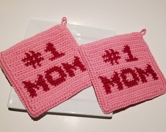 Number One #1 MOM Potholder Crochet Pattern Mother's Day Single Crochet Graph Written Instructions Digital Download PDF Pattern Pot Holder