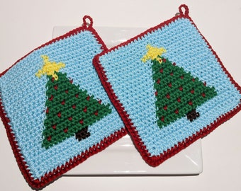 Crochet Pattern Christmas Tree, Christmas Gift Pot Holder Graph and Written Instructions, Single Crochet - Stocking Stuffer