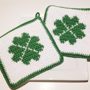 Four Leaf Clover Heart Potholder PDF Crochet Pattern St Patricks Day, Graph, Written Instructions Single Crochet Pot Holder Hot Pad Shamrock