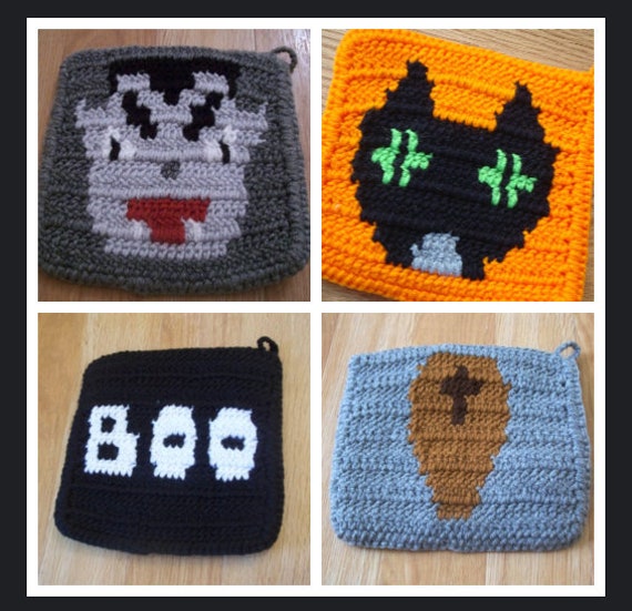 Halloween Decoration Crochet potholder hotpad BOO Ghost White Black