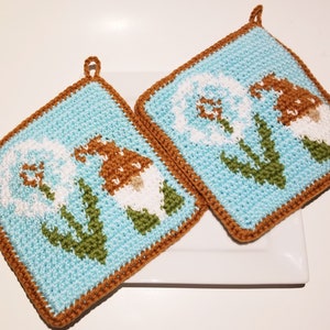 Puede incluir: Dos salvamanteles cuadrados de ganchillo. Cada uno tiene un fondo azul claro con un borde marrón. El diseño presenta un diente de león blanco y un gnomo con un sombrero marrón y barba blanca. También se ven hojas verdes.