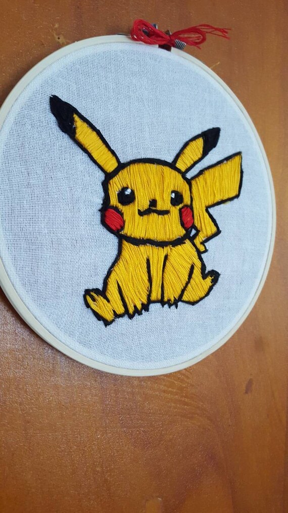 Pikachu Pokemon Hand Embroidered Pikachu On A White Background Held In A 6 Wooden Hoop