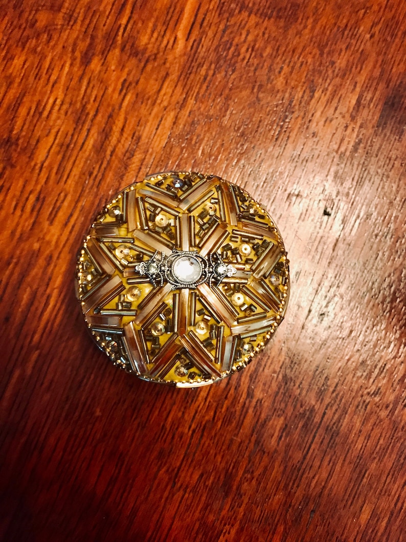 Curio Vintage Bedazzled Round Hand Made Indian Trinket Treasure Keepsake Jewelry Box with Ornate Beaded Design and Art Deco Rhinestones
