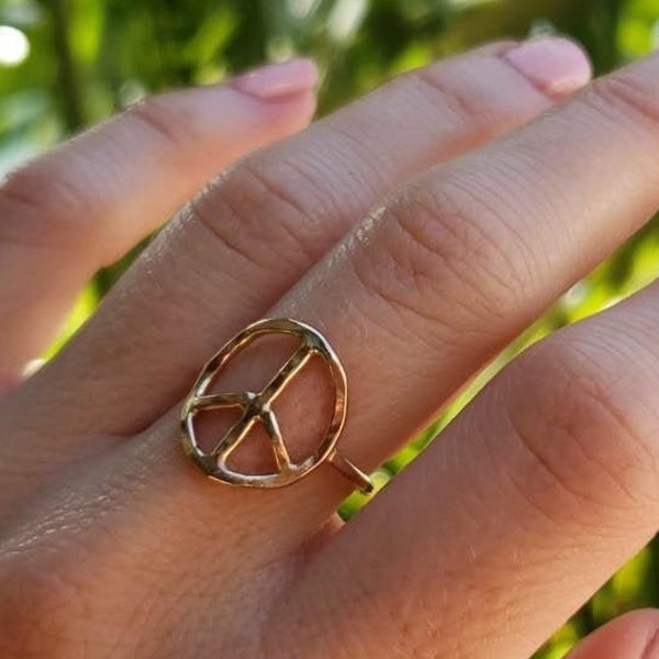 Peace Sign Ring, Gold Peace Sign Ring, Hammered Sterling Silver Peace Sign Ring, Boho Peace Ring, Open Peace Ring, Gold Hippie Ring