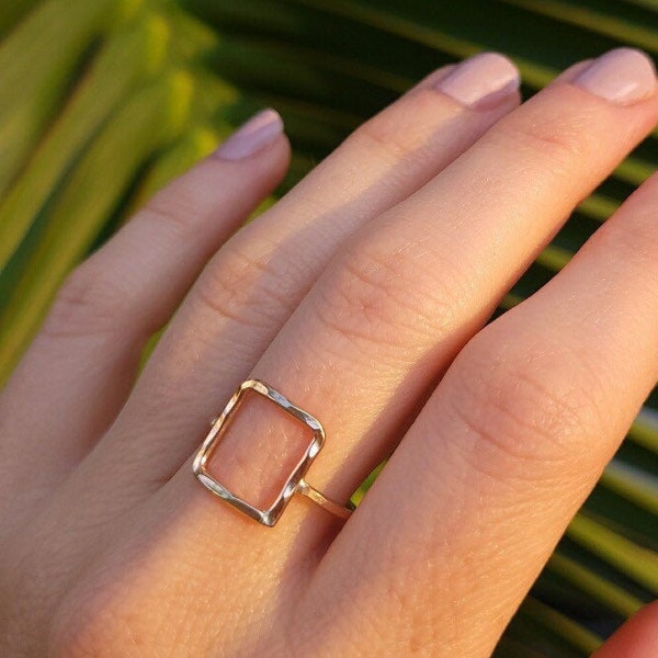 Open Square Ring, Simple Open Square Ring, Gold Square Ring, Pura Vida Ring, Sterling Silver Square Ring, Geometric Hammered Square Ring