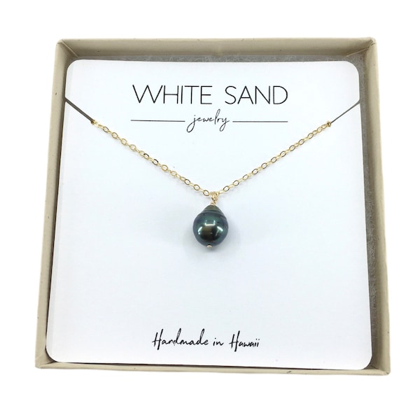 Tahitian Pearl Necklace, Floating Drop Black Pearl Necklace, Gold Floating Tahitian Pearl Necklace