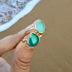 Gold Sea Glass Ring • Beach Glass White Topaz Stacking Band image 6