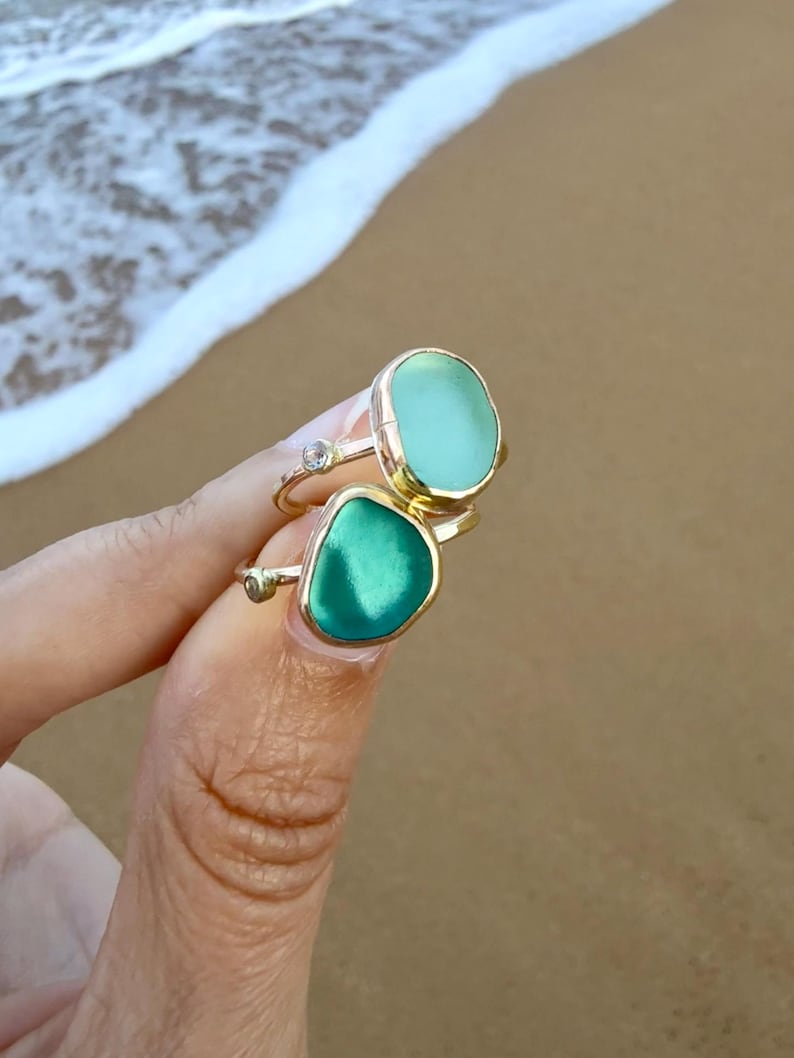 Gold Sea Glass Ring • Beach Glass White Topaz Stacking Band image 6