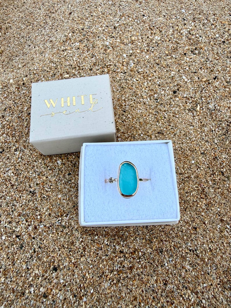 Gold Sea Glass Ring • Beach Glass White Topaz Stacking Band image 14