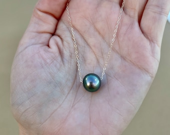14K Gold Green Tahitian Pearl 16" Necklace, Solid Gold Tahitian Pearl Necklace, 14K Gold Tahitian Pearl Necklace