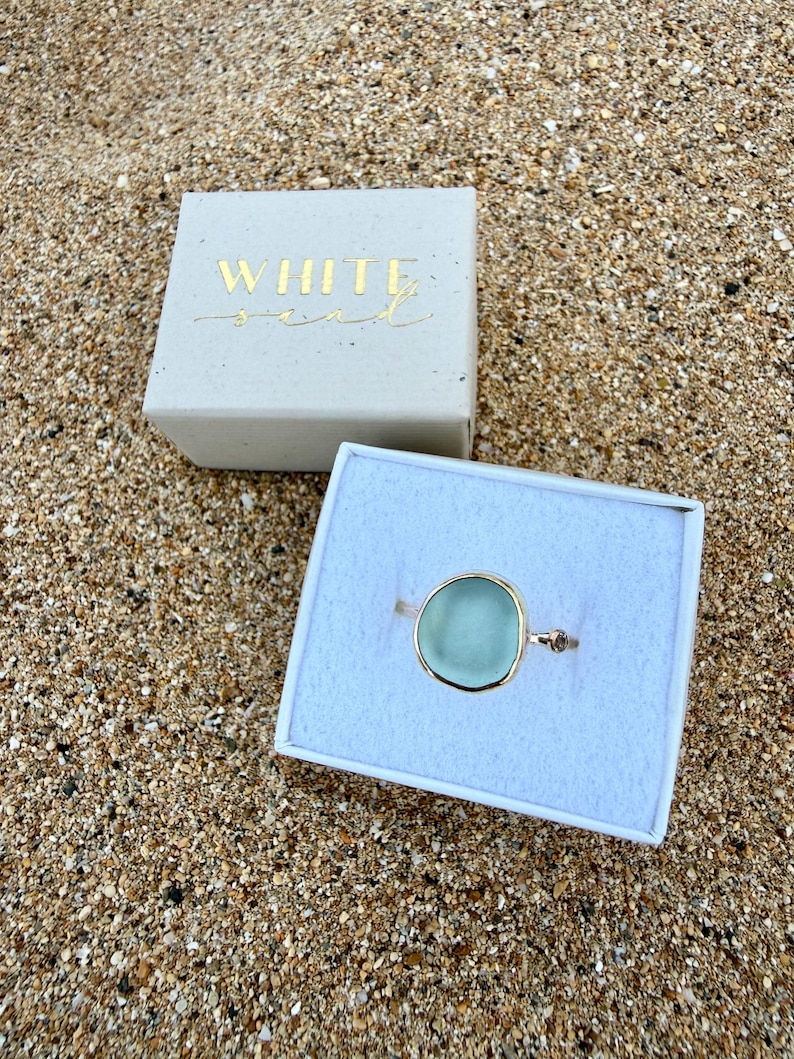Gold Sea Glass Ring • Beach Glass White Topaz Stacking Band image 12