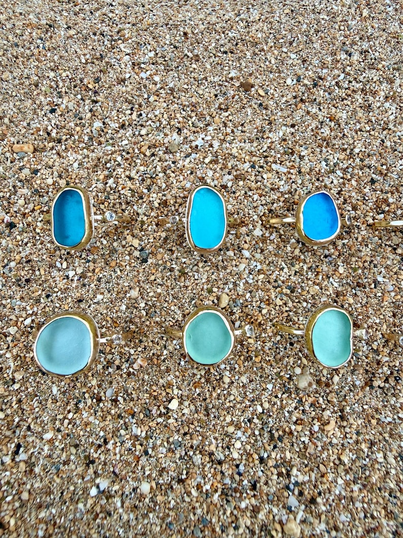 Gold Sea Glass Ring • Beach Glass White Topaz Stacking Band image 4