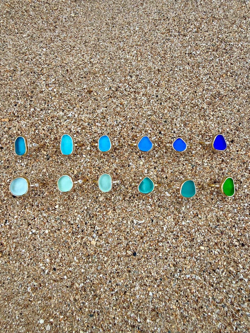 Gold Sea Glass Ring • Beach Glass White Topaz Stacking Band image 2