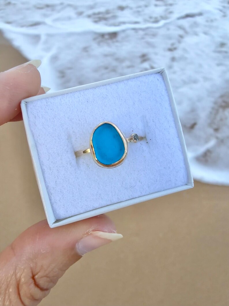 Gold Sea Glass Ring • Beach Glass White Topaz Stacking Band image 7