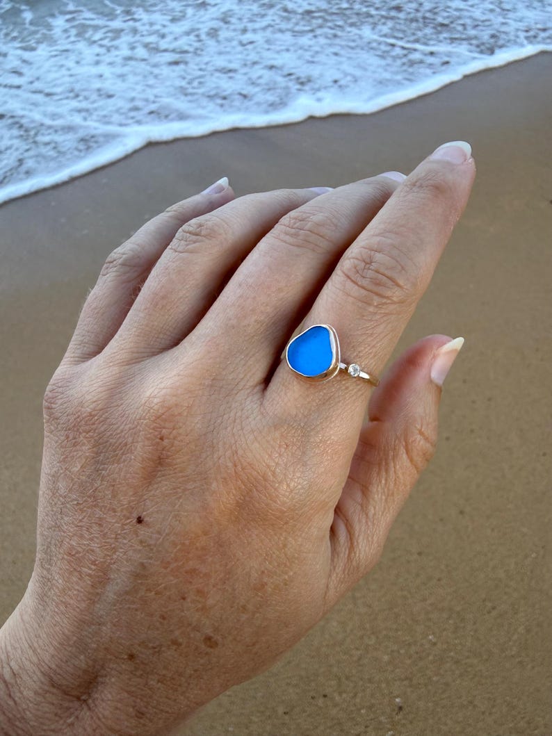 Gold Sea Glass Ring • Beach Glass White Topaz Stacking Band image 10
