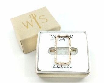 14K Gold Hammered Rectangle Ring, Open Geometric Design