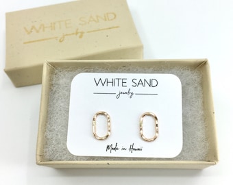 14K Gold Mini Oval Stud Earrings, Hammered Gold Studs