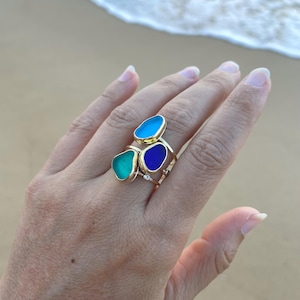 Sea Glass Gold Stacking Ring, Gold Sea Glass Ring with White Topaz, Beach Glass Stacking Ring, Gold Stacking Sea Glass Rings