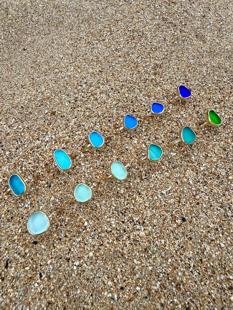 Gold Sea Glass Ring • Beach Glass White Topaz Stacking Band image 13