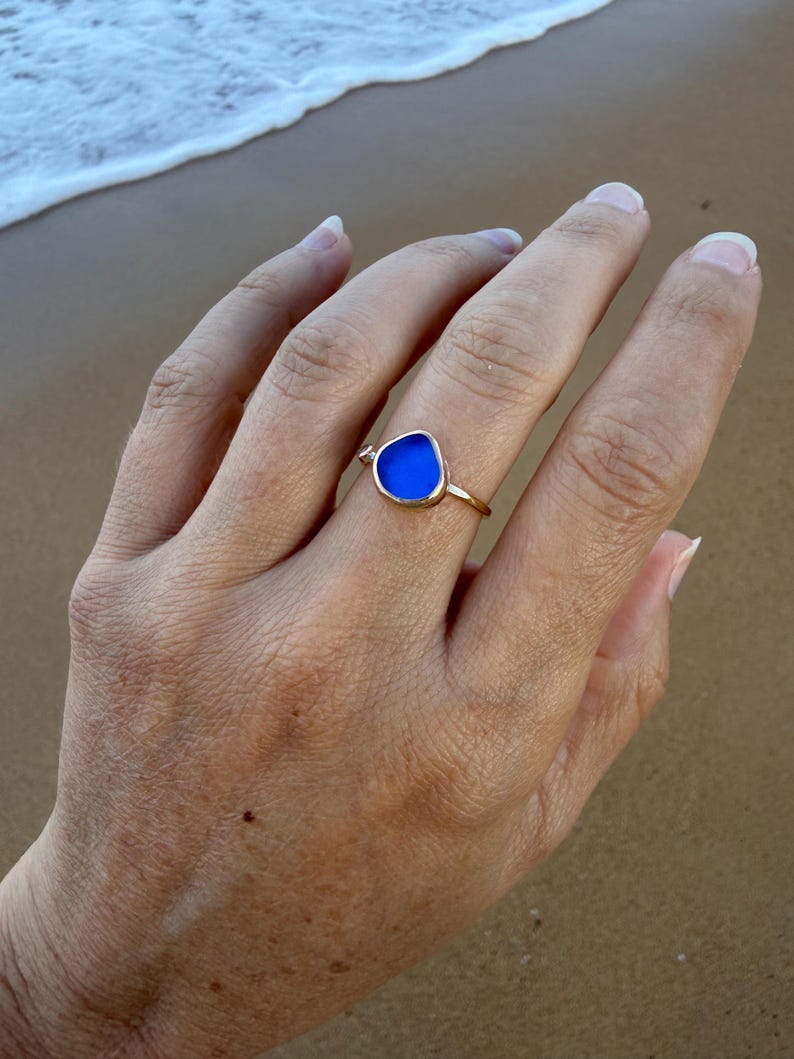 Gold Sea Glass Ring • Beach Glass White Topaz Stacking Band image 8