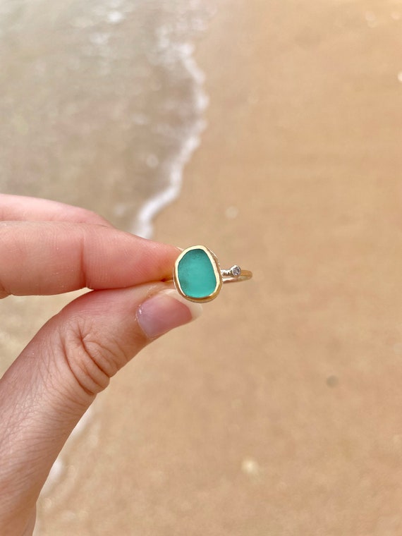 Sea Glass Gold Stacking Ring Gold Sea Glass Ring With White Topaz