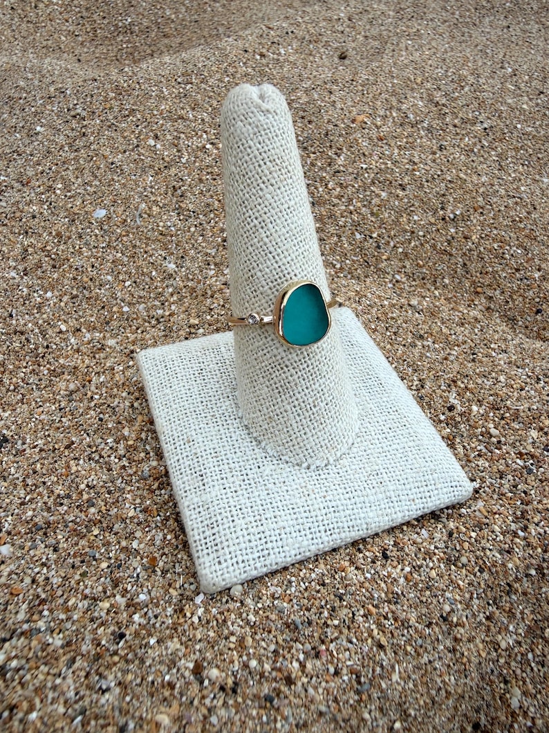 Gold Sea Glass Ring • Beach Glass White Topaz Stacking Band image 11