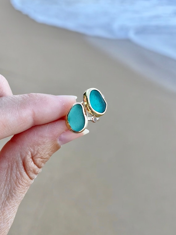 Sea Glass Gold Stacking Ring, Gold Sea Glass Ring With White Topaz, Beach  Glass Stacking Ring, Gold Stacking Sea Glass Rings - Etsy