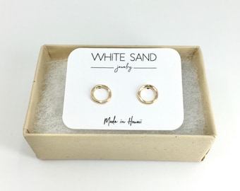 14K Gold Mini Hammered Circle Stud Earrings, Karma Jewelry