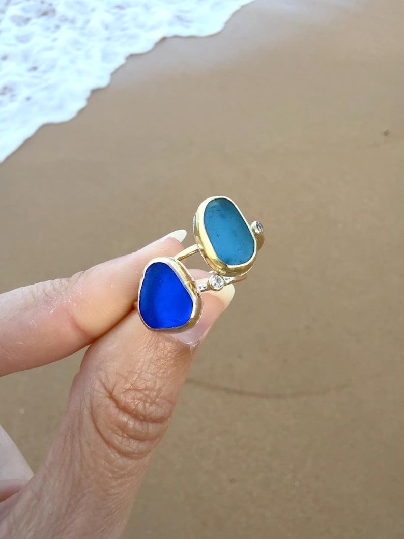 Gold Sea Glass Ring • Beach Glass White Topaz Stacking Band image 9