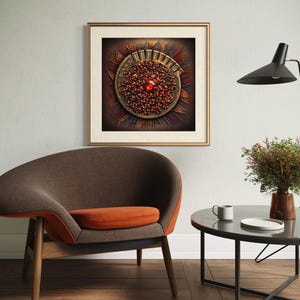 May include: A framed abstract art print featuring a circular design filled with red gems and a large central gem. The artwork is set against a dark background with gold and brown accents, framed in a gold tone.