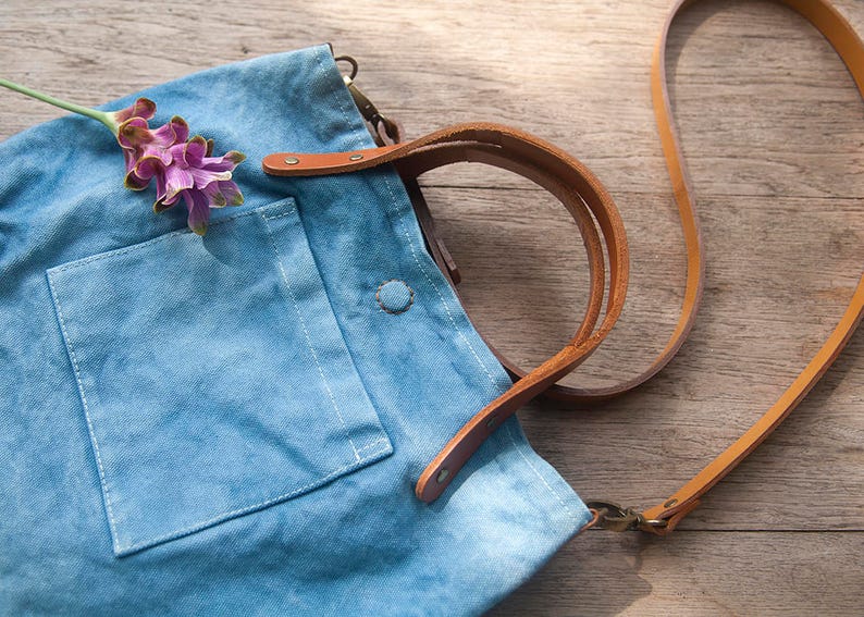 Indigo Canvas Shoulder Bag, Indigo Dyed, Cross Body Handbag, Indigo Canvas and Leather Bag