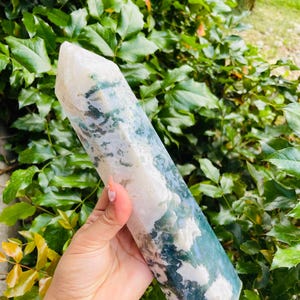 Jumbo Moss Agate Tower (1275G) *Imperfect Tip XXXL Blue Green Moss Agate Crystal Point, Natural Moss Agate Stone Crystal Natural Gemstone