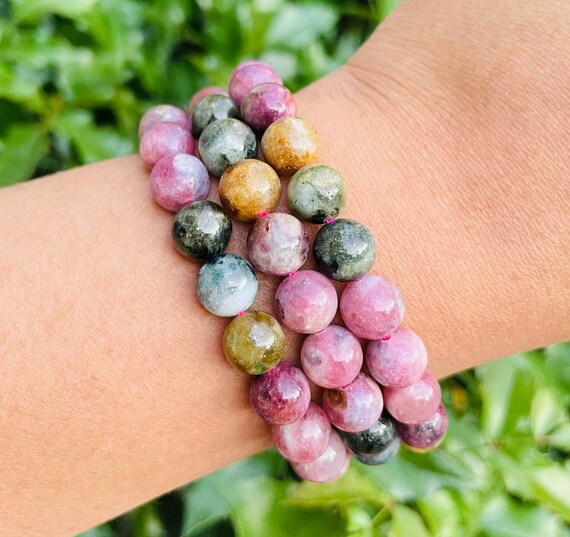 12mm Natural Tourmaline Round Beads Bracelet – Multicolor, AAA Quality, Handmade, Nickel-Free