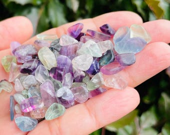 May include: A handful of small, tumbled fluorite stones in various shades of purple, green, and blue.