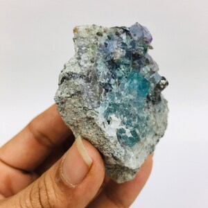 Op de afbeelding: Een cluster van blauwe en paarse fluorietkristallen ingebed in een grijze rotsmatrix.