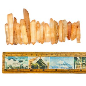 May include: A collection of 18 orange quartz crystal points, ranging in size from 1 to 2 inches, arranged in a row on a white surface. A ruler is placed below the crystals for scale.
