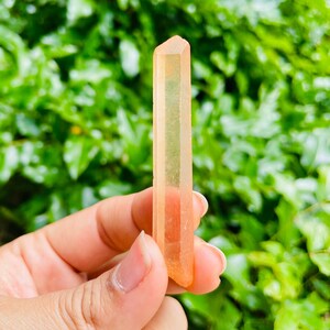May include: A clear, orange-toned crystal point with a pointed tip. The crystal is translucent and has a slight pink hue.